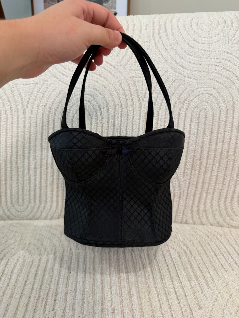 Black Bustier-Style Mini Shoulder Bag with Quilted Texture